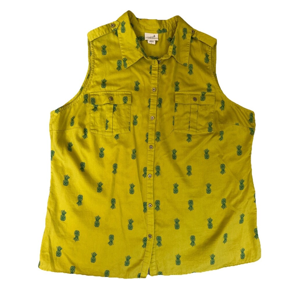 Women’s Pineapple Print Sleeveless Shirt Collared Tank top Green Size XL Casual